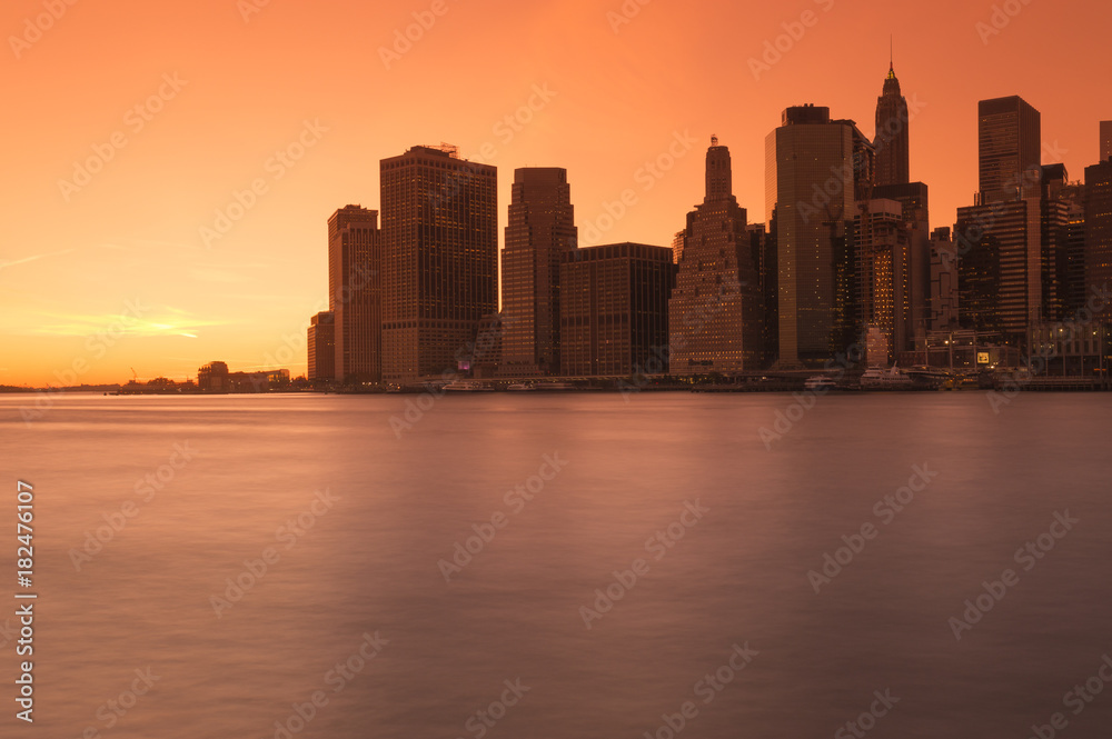 Lower Manhattan at sunset.