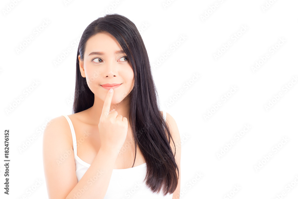 Asian woman surprise hold cheek with hand, Beautiful girl with presenting your product with excited and surprise isolated on white background, Expressive facial. Asian woman surprise hold cheek with hand, Beautiful girl with presenting your product with excited and surprise isolated on white background, Expressive facial.