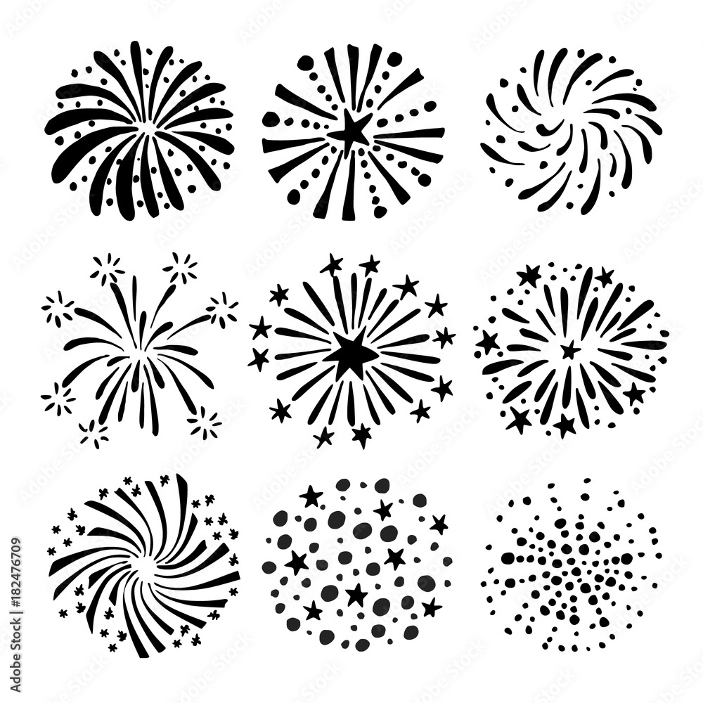 Set of hand drawn fireworks and sunbursts. Isolated black white vector objects, icons.