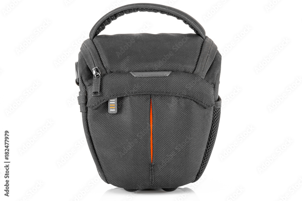 Naklejka premium Black bag for camera isolated on white background.