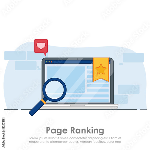 Page ranking on laptop banner.  Browser window with star favorite sign. 