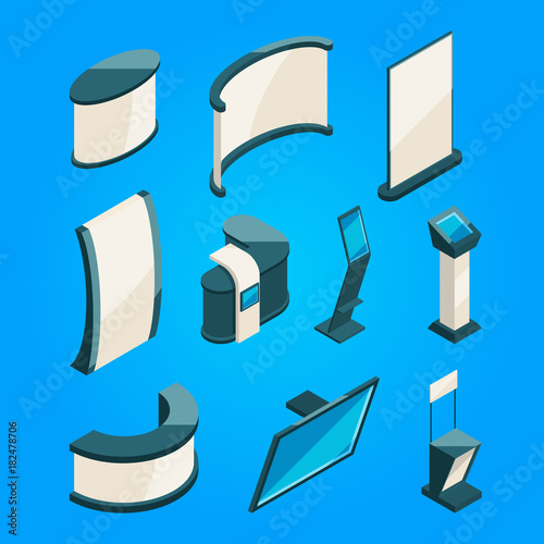 Expo trading. Product stands for exhibition. Isometric vector pictures