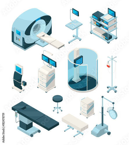 Different hospital equipment. Medical tables and other devices