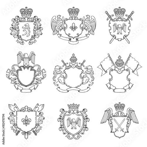 Template of heraldic emblems. Different empty frames for logo or badges design photo