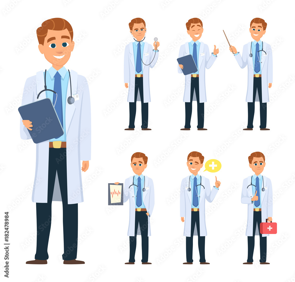 Doctor in different poses. Mascot design in vector style