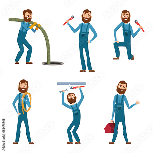 Funny character of repairman or plumber in different poses. Vector mascot design