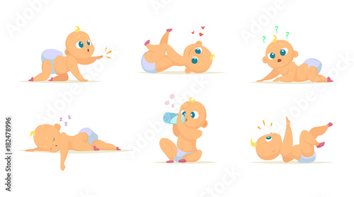 Set of cute newborn babies in different action poses