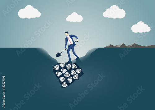 Vector illustration of business man digging for diamonds. Concept for search and find or business success