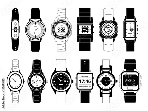 Mechanical and electronic sport hand watches in monochrome style. Vector pictures set isolate on white