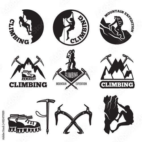 Outdoor pictures. Adventures and mountain climbing. Illustrations for labels or logo designs