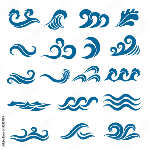 Big set of stylized ocean waves. Colored vector set