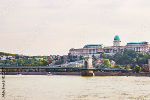 Buda Castle and Chain Bridge over Danube River Budapest Hungary