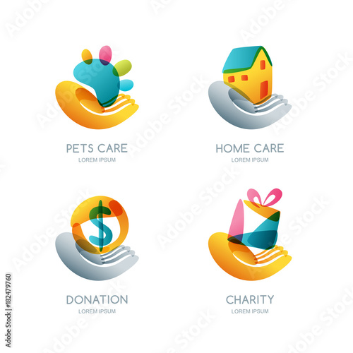 Set of charity, donation and care vector logo, icon, emblem design. Human hand holding the house, pets paw, money coin, gift box. Concept for voluntary humanitarian helping, non profit organization.