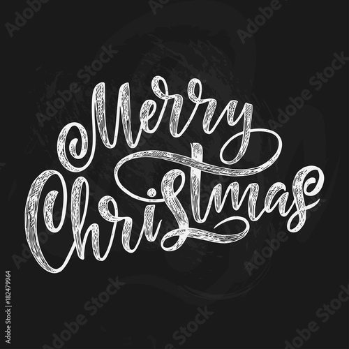 Decorative hand drawn lettering. Handwritten phrase Merry Christmas isolated on black background. Trendy vector design for xmas decor and posters