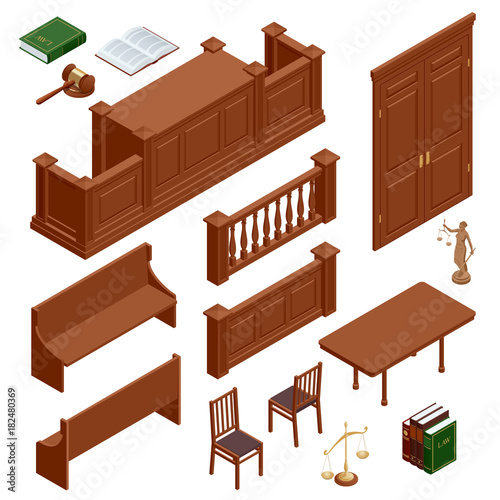 Flat isometric icons set of isolated public justice symbols balance gavel wristbands judge and jury characters. Vector illustration