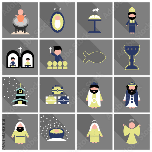 Merry Christmas set of flat icons . Birth of Christ illustration background concept.