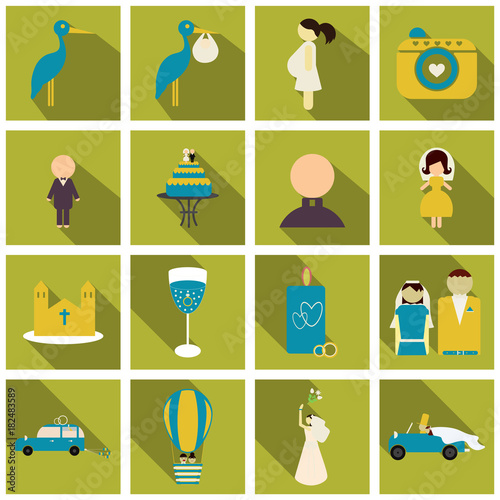 Set of weddings icons in flat style with shadow