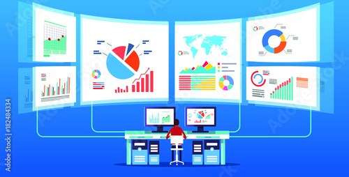 Man in front of the electronic screen to do data monitoring and analysis