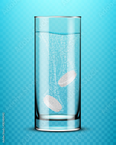 Glass with effervescent tablets in water with bubbles on transparent background