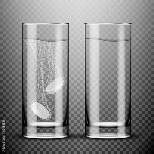 Glass with effervescent tablet in water with bubbles on transparent background