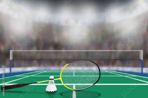 Badminton Racket and Shuttlecock in Arena With Copy Space