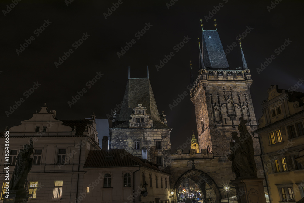 Tower on Charles bridge in night Prague