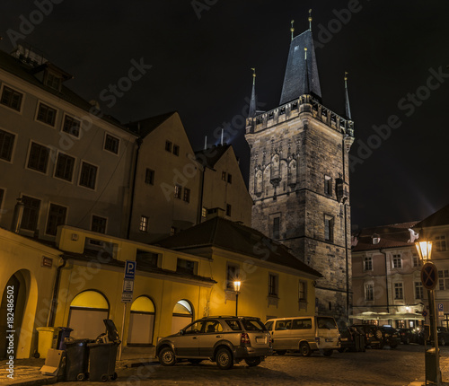 Tower on Charles bridge in night Prague