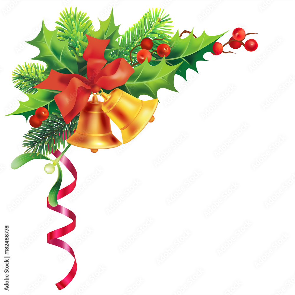 Christmas border with bells, holly and fir isolated on white. Vector ...