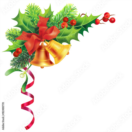 Christmas border with bells, holly and fir isolated on white. Vector illustration.