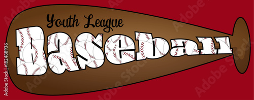 Youth league baseball text on a brown bat with red background.
