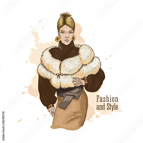 Fashion look. Urban casual outfit. Shirt with print and jeans. Young stylish woman with a bag in sunglasses. Hand drawn sketch. Vector illustration.