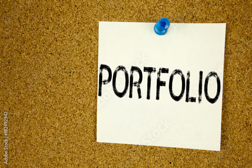 Conceptual hand writing text caption inspiration showing Portfolio. Business concept for Business Marketing Design written on sticky note, reminder cork background with copy space