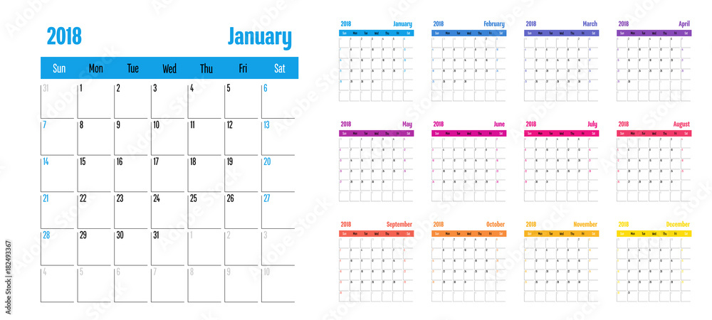 2018 Calendar Planner Memo Template Vector Illustration Simple Clear With CMYK Color Theme Week Start from Sunday 2018 Calendar Planner Memo Template Vector Illustration Simple Clear With CMYK Color Theme Week Start from Sunday
