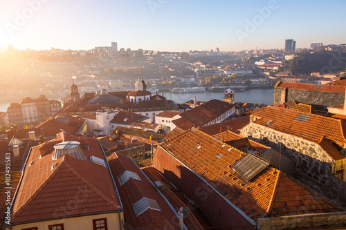 Rooftops and views of the Douro river at old Porto downtown, Portugal.
