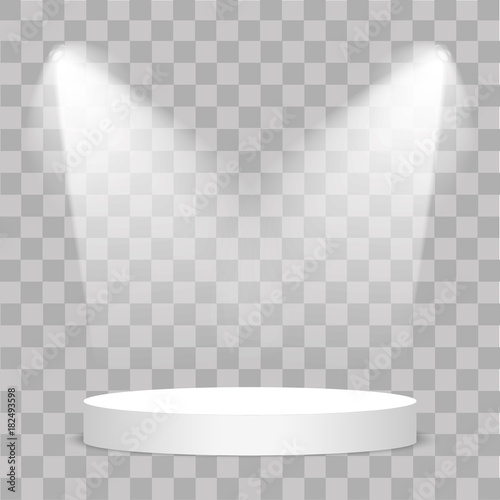 Round stage podium illuminated with light on transparent background. Stage vector backdrop. Festive podium scene with red carpet for award ceremony. Vector illustration