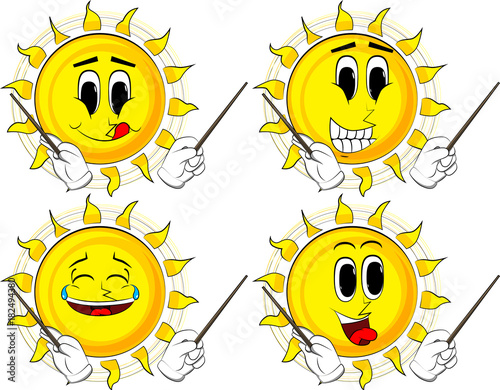 Cartoon sun orchestra conductor. Collection with happy faces. Expressions vector set.