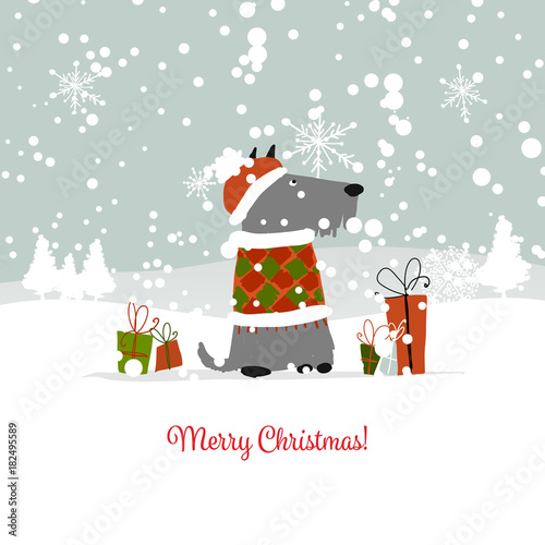 Christmas card, santa dog with gifts. Symbol of 2018
