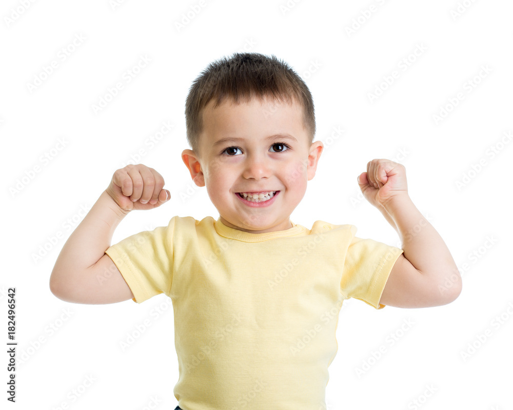 Portrait of cute kid showing the muscles of his arms, isolated on white Portrait of cute kid showing the muscles of his arms, isolated on white