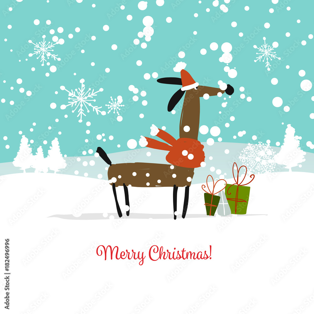 Christmas card, santa dog with gifts. Symbol of 2018 - obrazy, fototapety, plakaty 