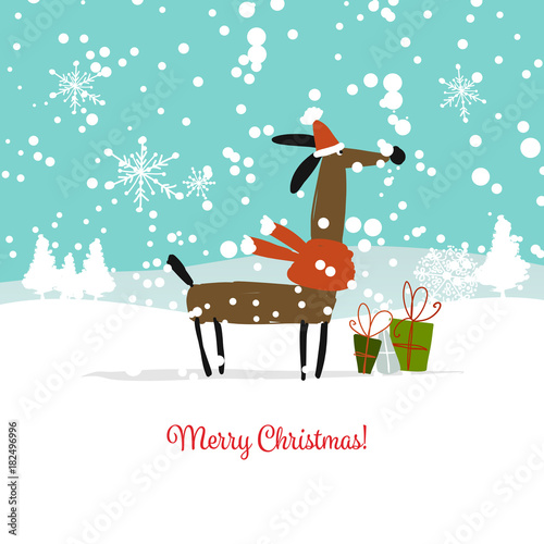 Christmas card, santa dog with gifts. Symbol of 2018