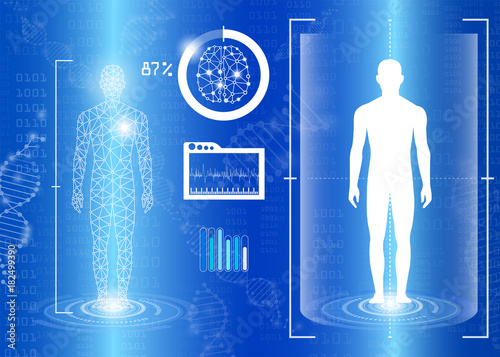 abstract background technology concept in blue light,human body heal,technology modern medical science in future and global international medical with tests analysis clone DNA human