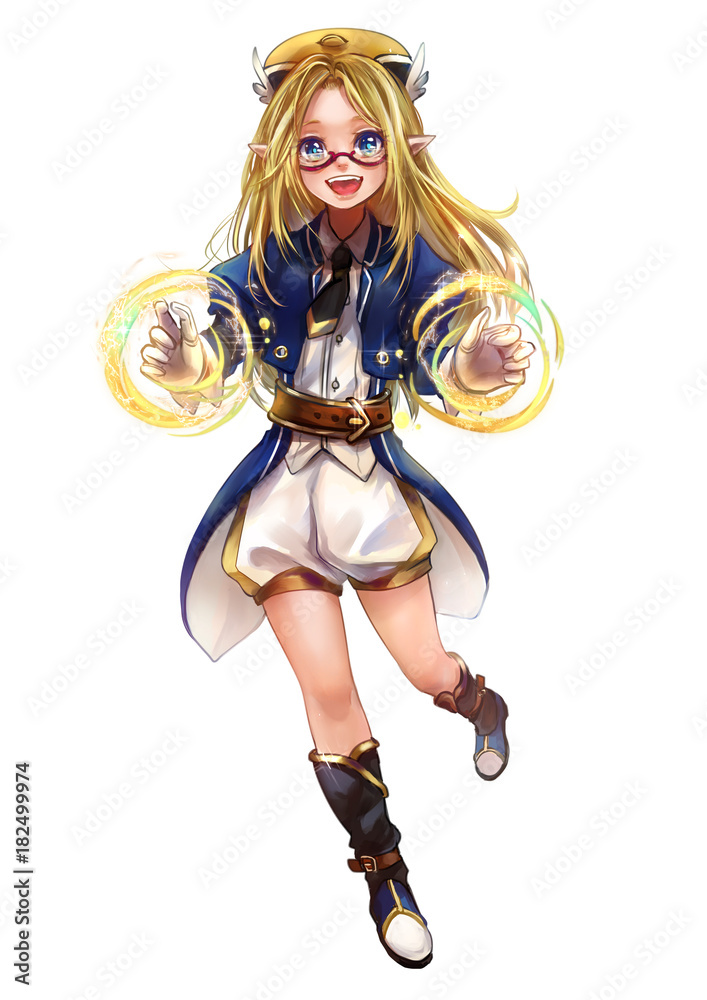Cute original character design of fantasy female elf girl sorcerer witch or  magician with magic spell of her hand named Elna in Japanese manga  illustration style with isolated white background Stock Photo |