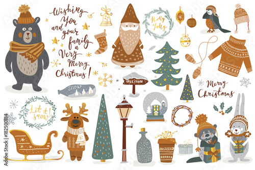 Hand drawn Christmas set in cartoon style. Funny card with cute animals and other elements: bear, deer, rabit, santa, Christmas tree, lettering.