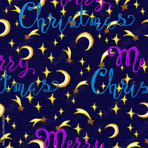 Seamless texture pattern with lettering  stars and moon. Christmas and New Year background for greeting cards  posters  invitations