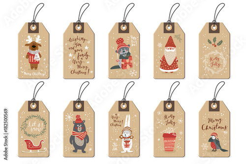 Christmas tags set, cartoon hand drawn style. Vector illustration.