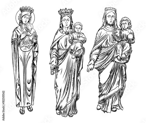 Set of Nativity scene with Holy Mother Christmas card. Saint Mary with the baby Jesus. Birth of Christ. Nativity Christmas graphics design elements. Blackwork adult flesh tattoo concept. Vector.