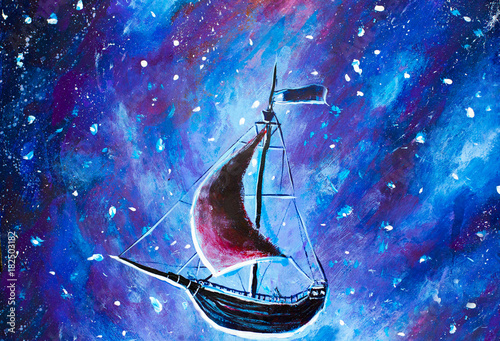 Oryginalny obraz olejny Latanie starym statkiem pirackim. Piękny morski statek leci nad rozgwieżdżonym niebem - abstrakcyjna bajka, sen. Piotruś Pan. Ilustracja. Malowanie pocztówek.