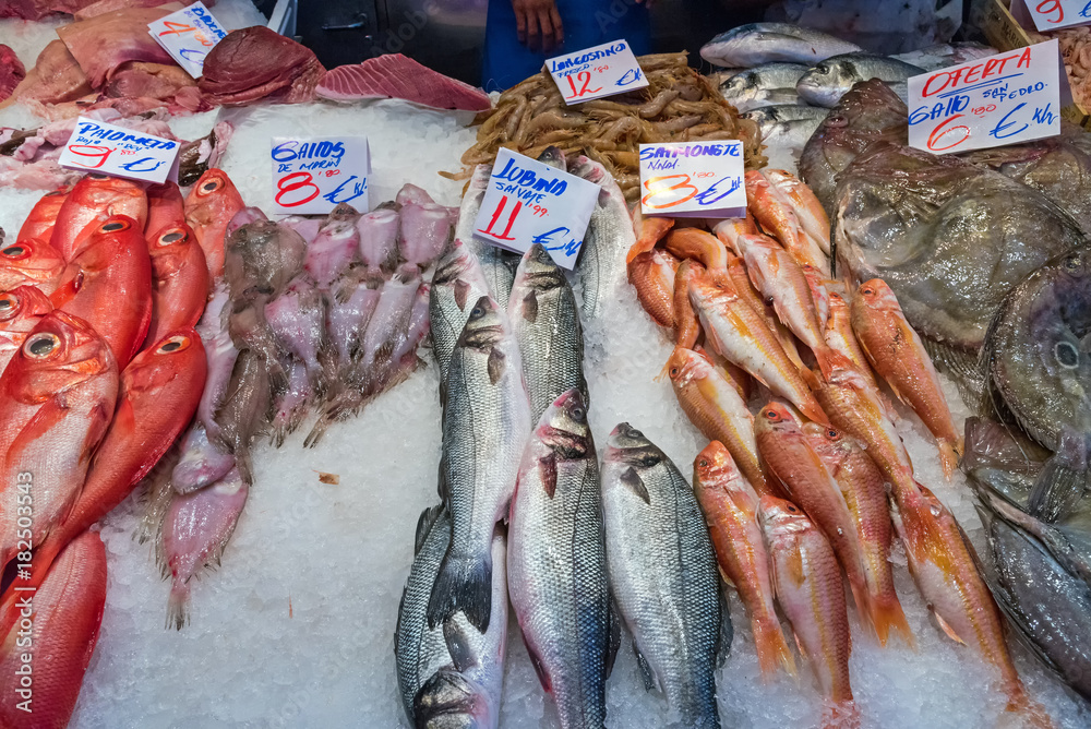 Fresh fish and seafood at a market in Madrid, Spain