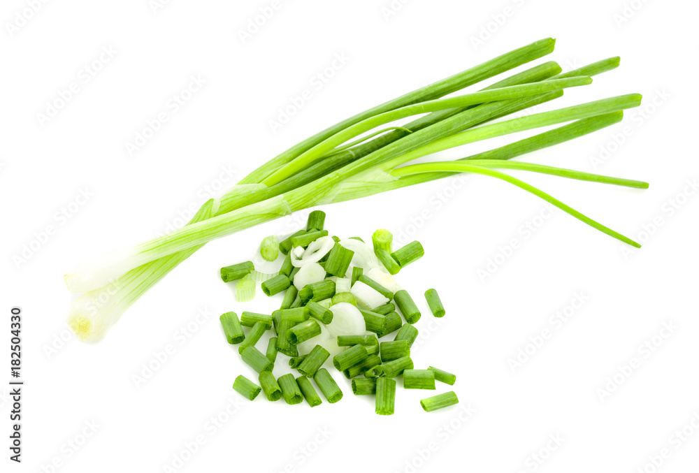 chopped green onions on white background chopped green onions on white background