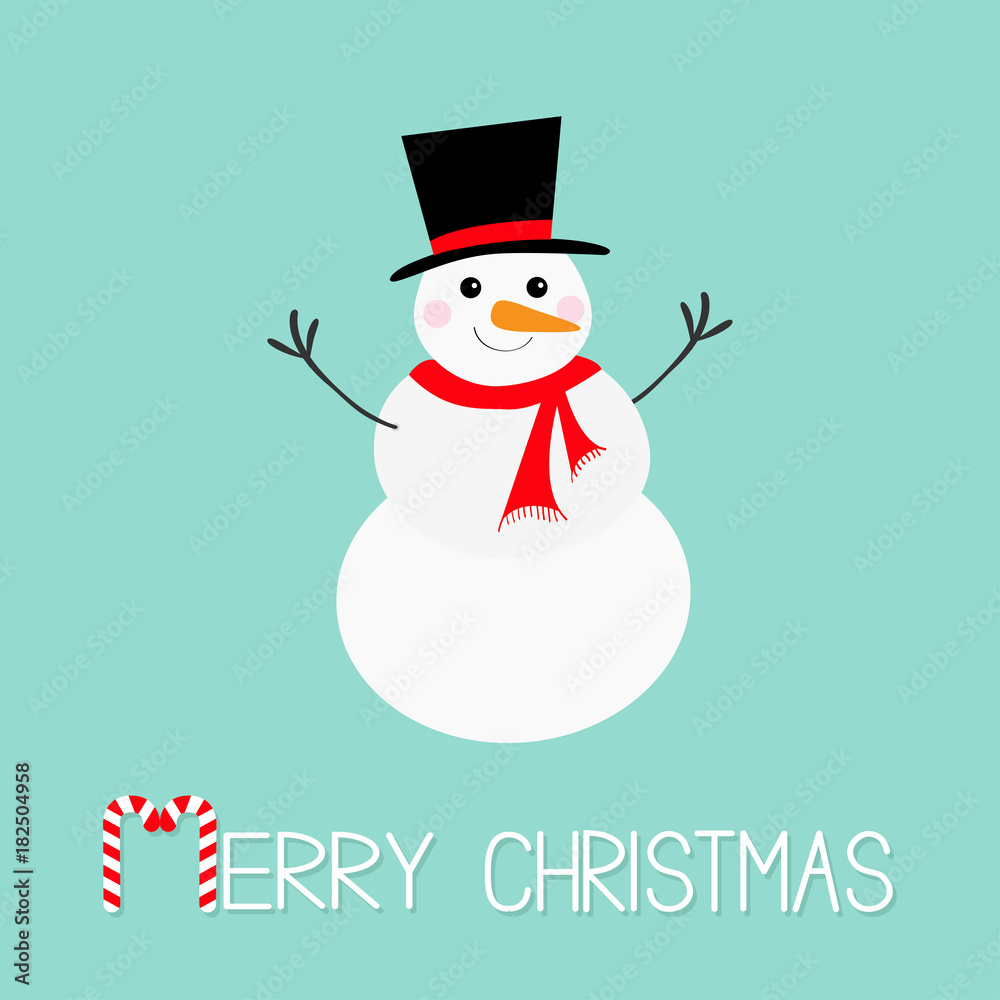 Merry Christmas. Candy cane. Snowman, carrot nose, hat, red scarf and snowflakes. Cute cartoon funny kawaii character. Blue winter background. Greeting card. Flat design. Merry Christmas. Candy cane. Snowman, carrot nose, hat, red scarf and snowflakes. Cute cartoon funny kawaii character. Blue winter background. Greeting card. Flat design.